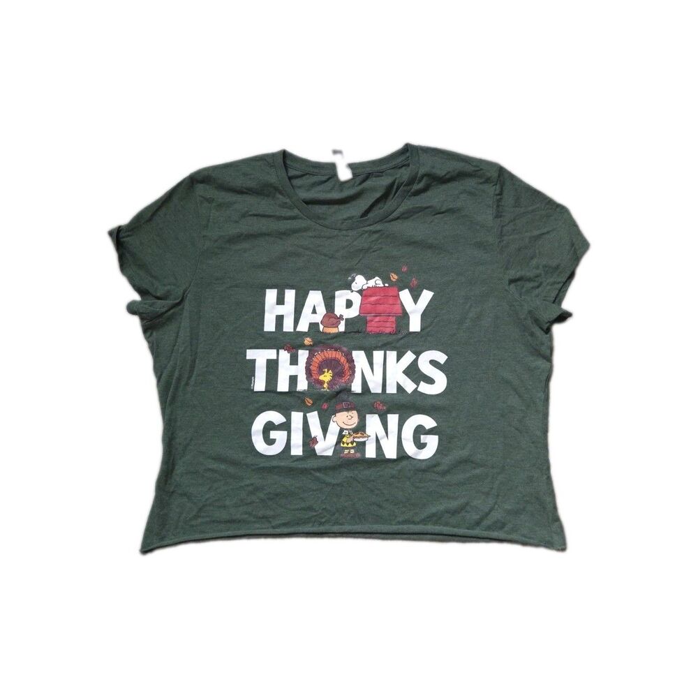 Peanuts Snoopy Charlie Brown Happy Thanksgiving Green Crop T-Shirt Womens XL EUC